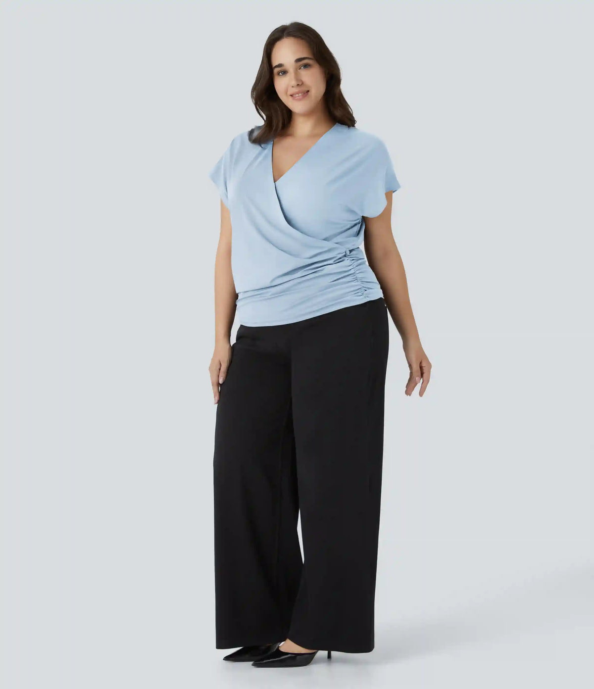 V Neck Cap Sleeve Crossover Ruched Solid Work Plus Size Blouse