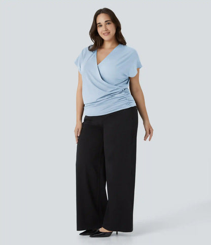 V Neck Cap Sleeve Crossover Ruched Solid Work Plus Size Blouse