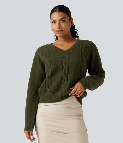 V Neck Raglan Long Sleeve Work Sweater