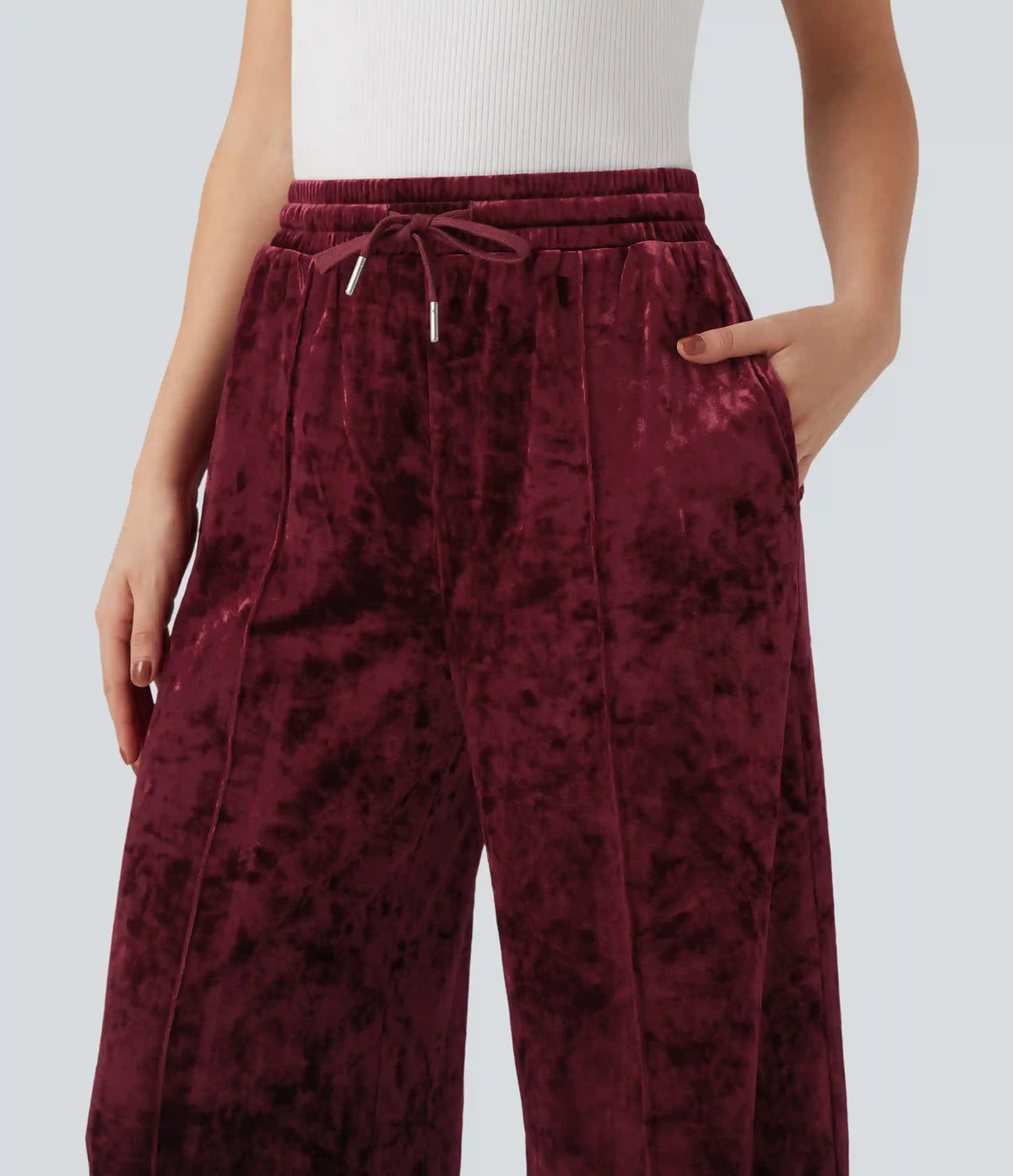 Mid Rise Drawstring Velvet Wide Leg Casual Pants with Pockets