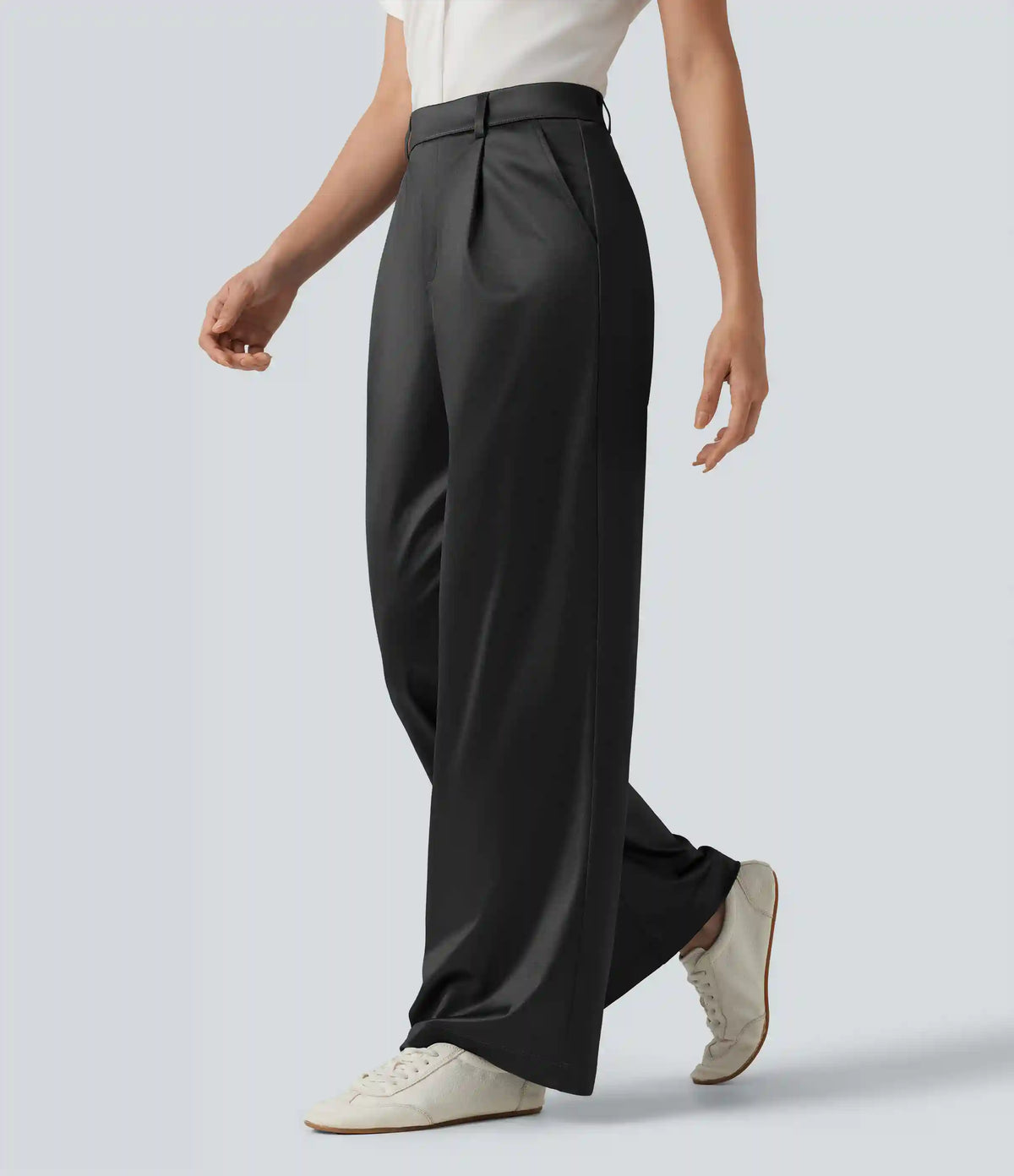 High Waisted Straight Leg Satin Work Pants with Pockets