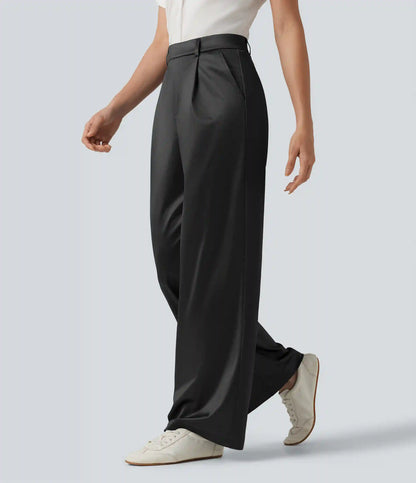 High Waisted Straight Leg Satin Work Pants with Pockets