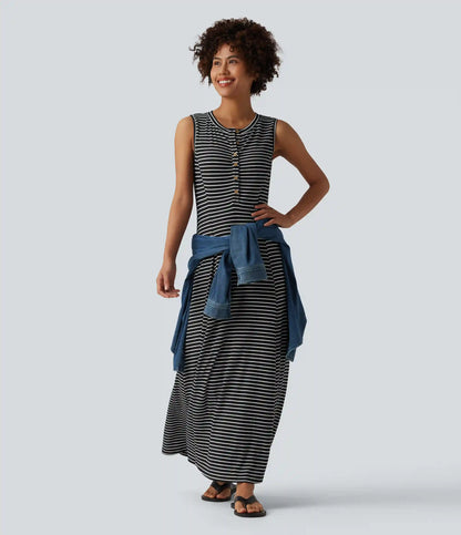 Henley Sleeveless Stripes Maxi Casual Flowy Dress with Pockets