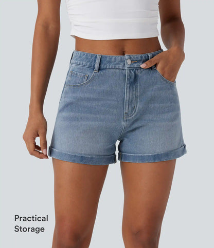 Halara Flex™ Mid Rise Zipper Pockets Denim Casual Shorts 3''