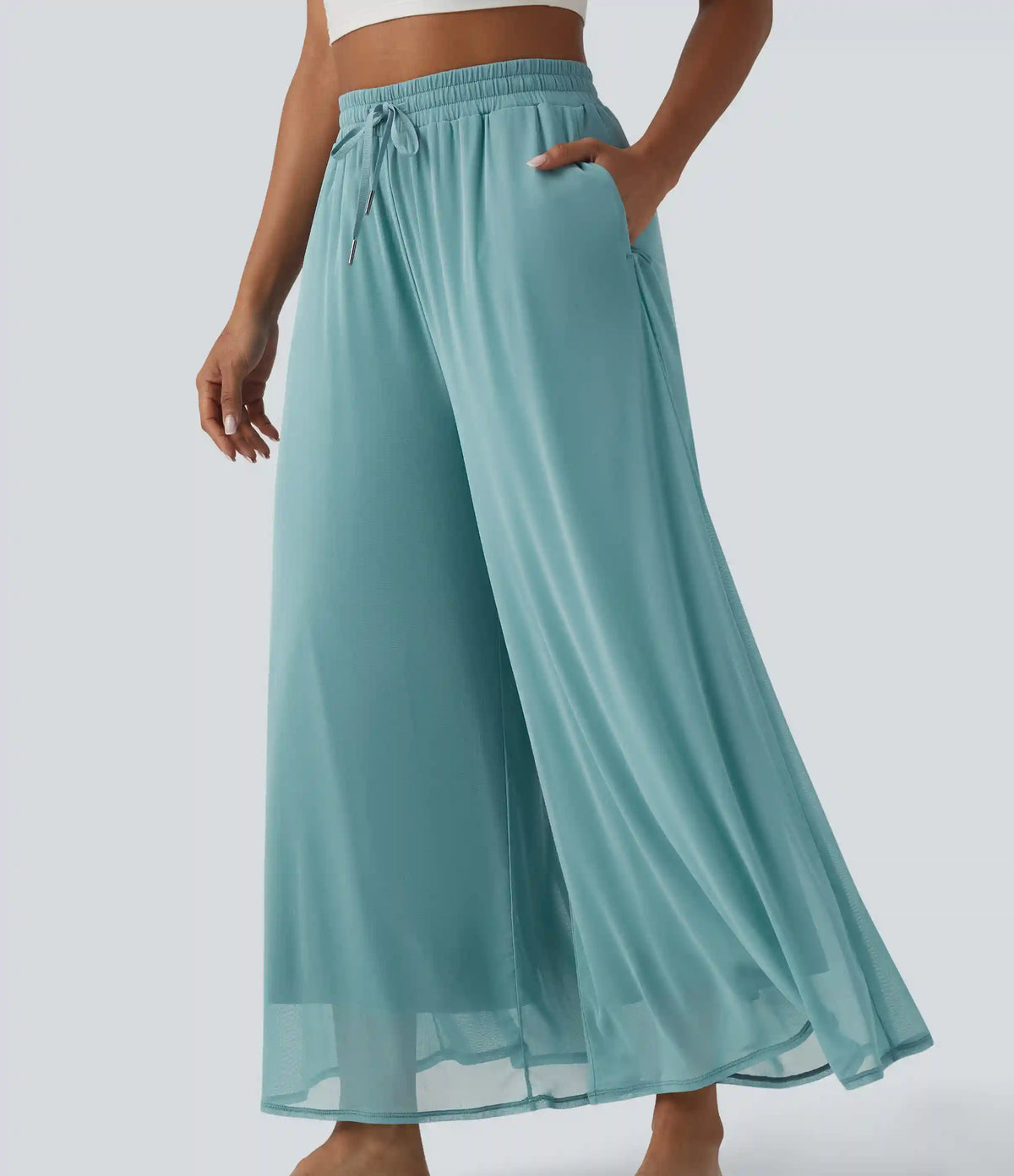 High Waisted Drawstring Wide Leg Flowy Mesh Casual Pants with Pockets