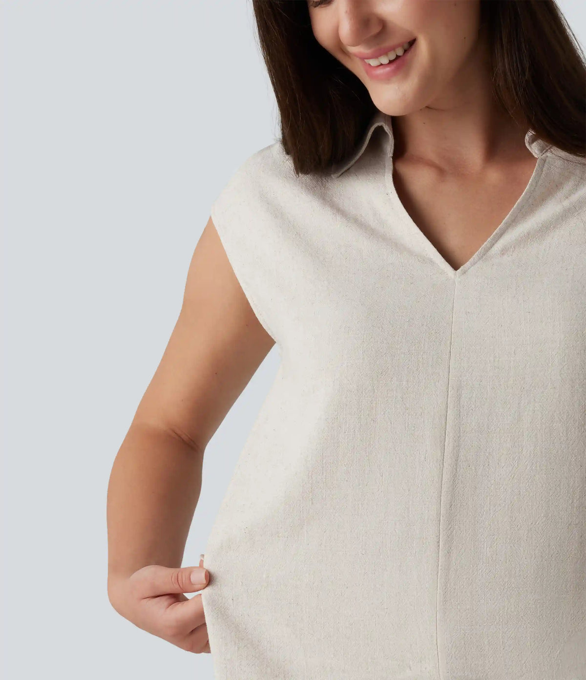 V-neck Sleeveless Split Hem Work Linen-Blend Blouse
