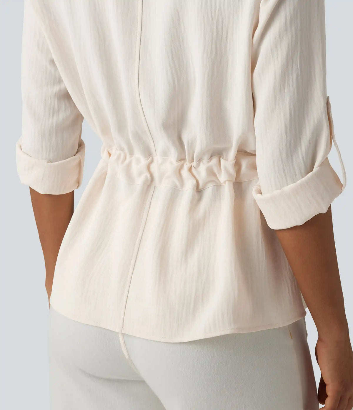 Lapel Roll Up Sleeve Tie Work Linen-Feel Shirt