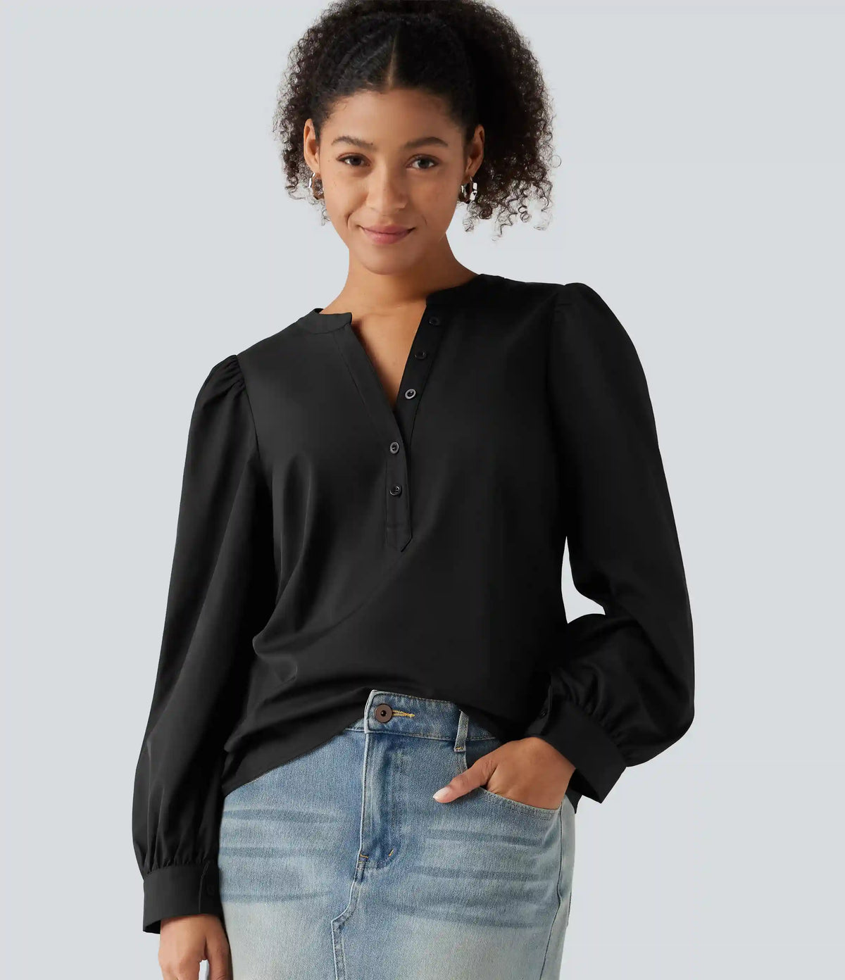 Henley Neck Puff Long Sleeve Casual Blouse