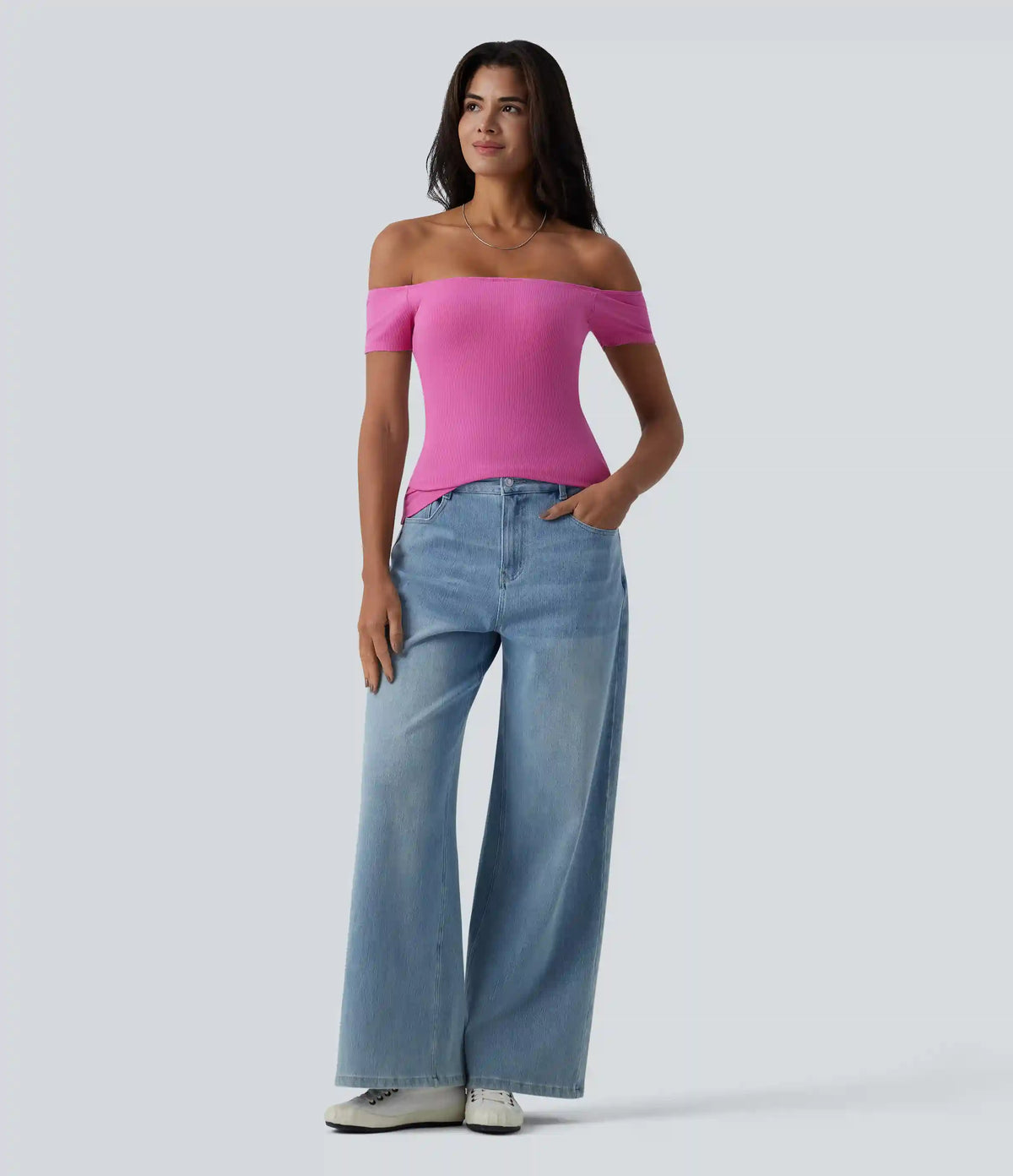 Ribbed Knit Off Shoulder Short Sleeve 2-in-1 Casual Top