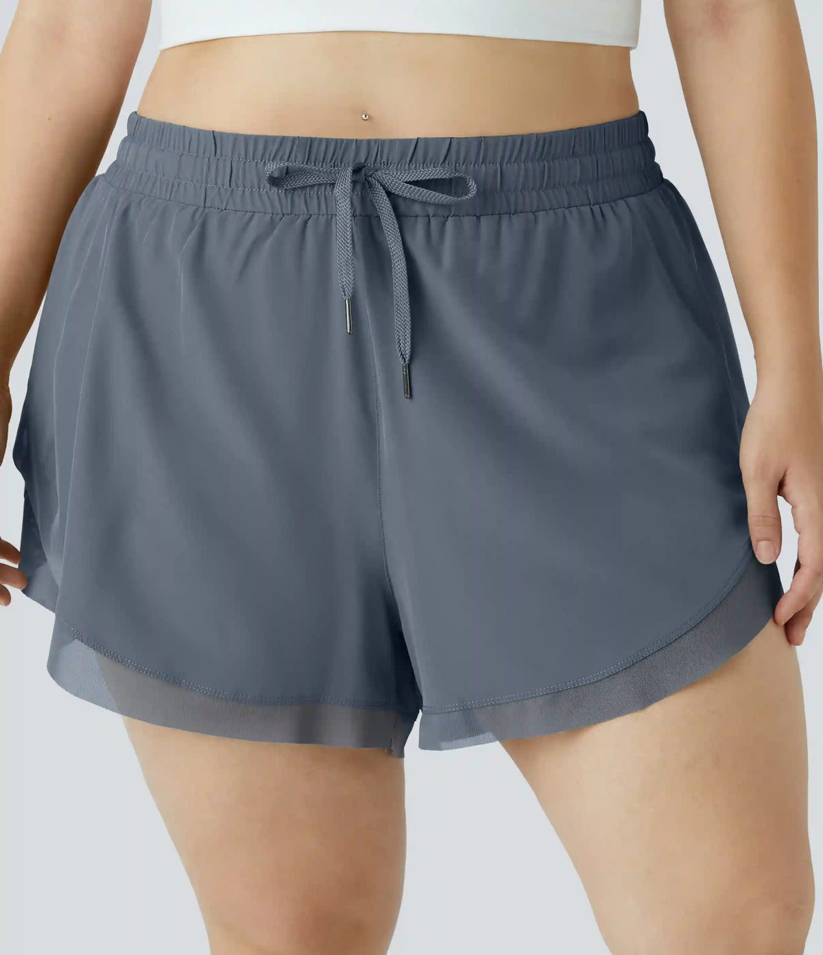 Drawstring Contrast Mesh 2-in-1 Plus Size Shorts 4"
