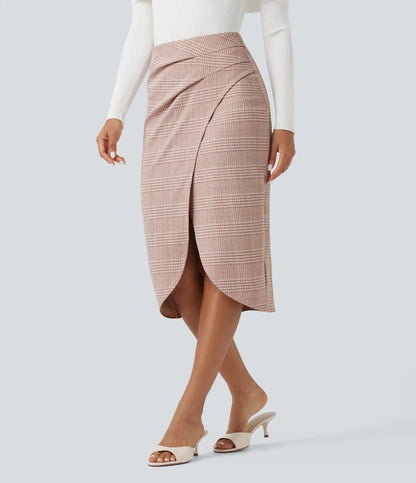High Waisted 2-in-1 Tulip Hem Houndstooth Plaid Midi Work Skirt