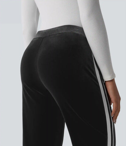Low Rise Color Block Stripes Velvet Casual Flare Pants with Pockets