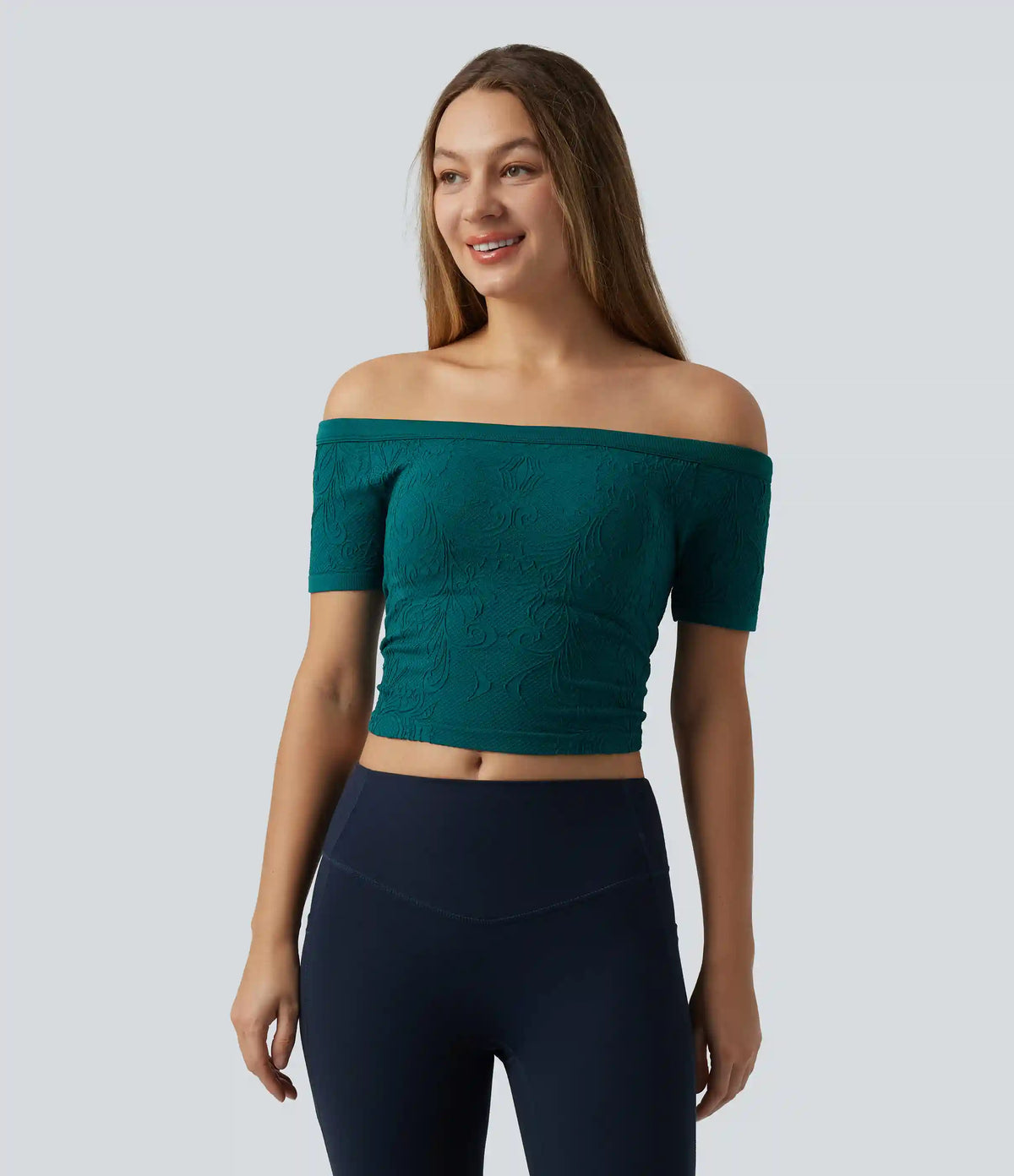 OneForm Seamless Flow Off Shoulder Short Sleeve Built-in Bra Cropped Yoga Sports Top