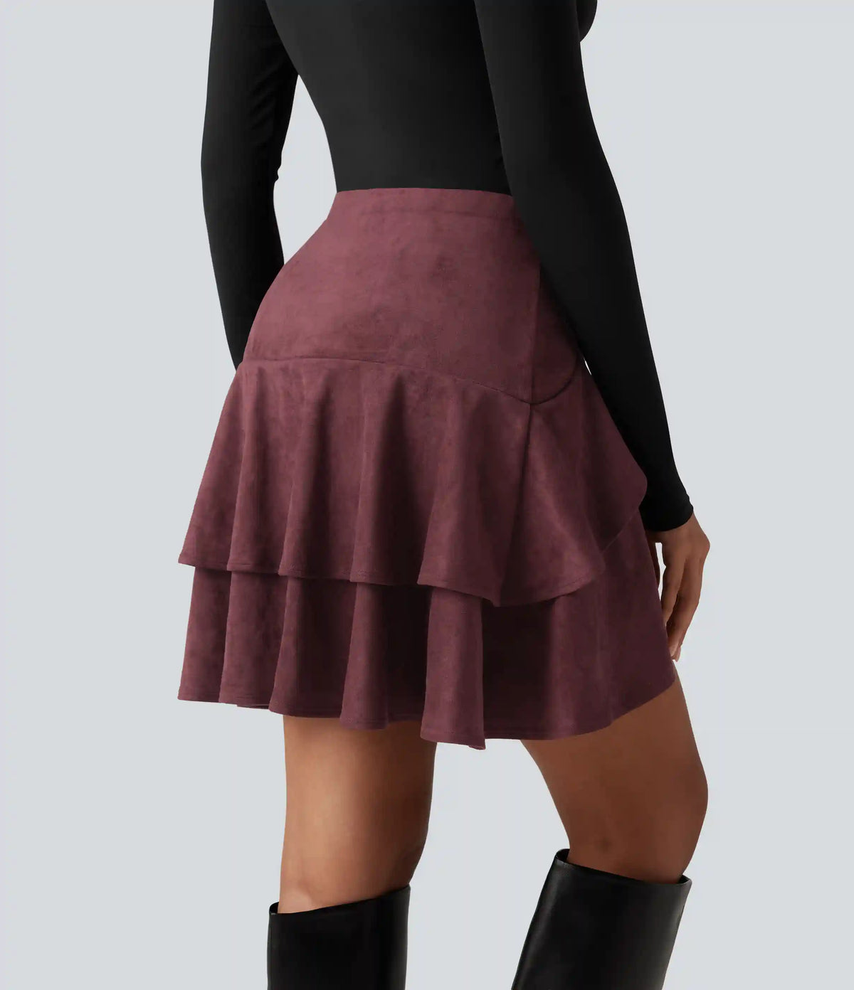 High Waisted Tiered Ruffle Hem 2-in-1 Longer Mini Suede Casual Skirt with Pocket