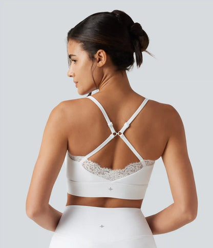 SoftlyZero™ Airy Light Support Sweetheart Neck Contrast Lace Built-in Bra InstantCool Workout Sports Bra-UPF50+