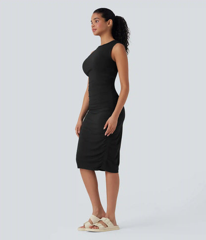 Round Neck Sleeveless Ruched Casual Bodycon Dress