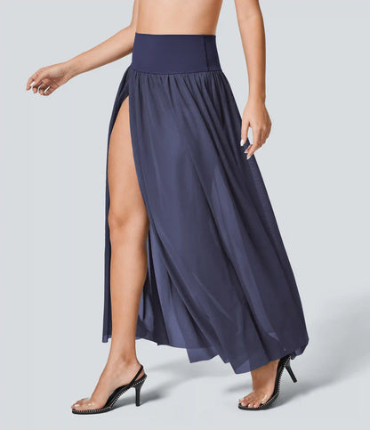 High Waisted 2-in-1 Mesh Flowy Maxi Casual Skirt