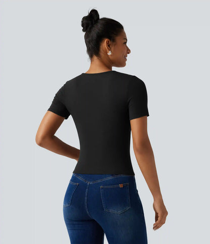 Ribbed Knit Round Neck Cut Out Short Sleeve Built-in Bra Casual T-Shirt