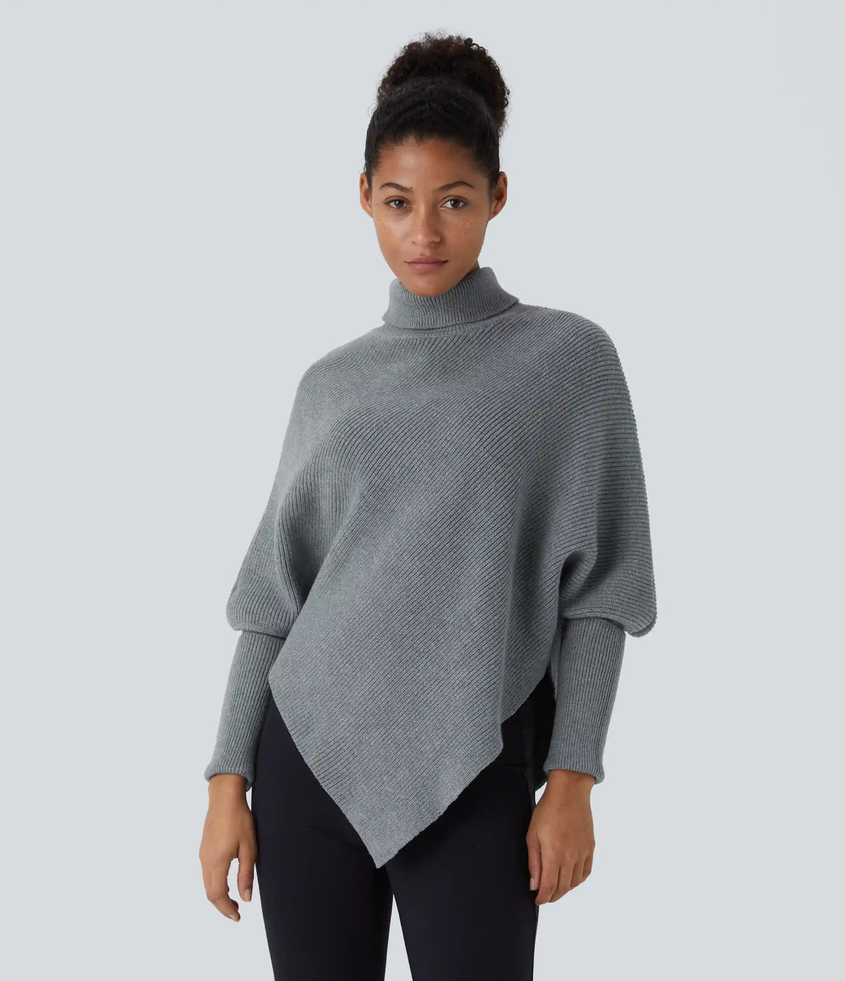 High Neck Long Sleeve Asymmetric Hem Work Sweater