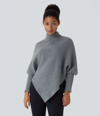 High Neck Long Sleeve Asymmetric Hem Work Sweater