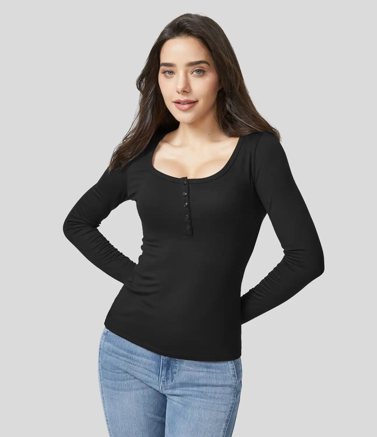Ribbed Henley Neck Long Sleeve Slim Casual T-Shirt