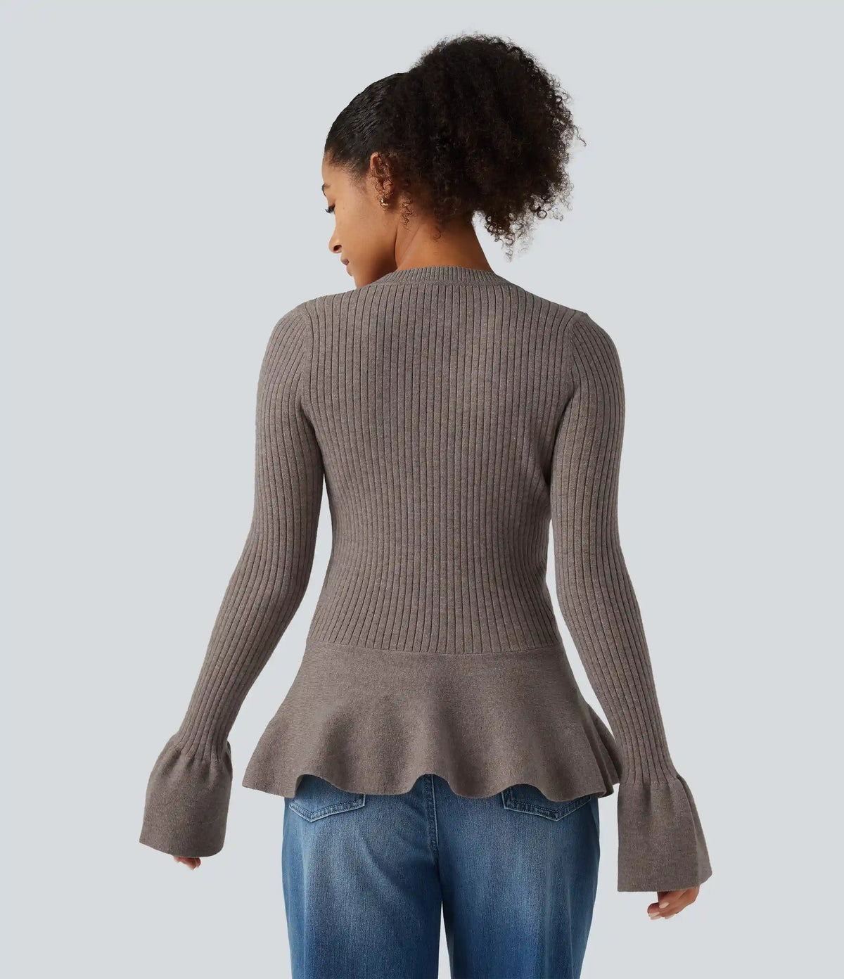 Round Neck Long Sleeve Ruffle Hem Slim Work Sweater