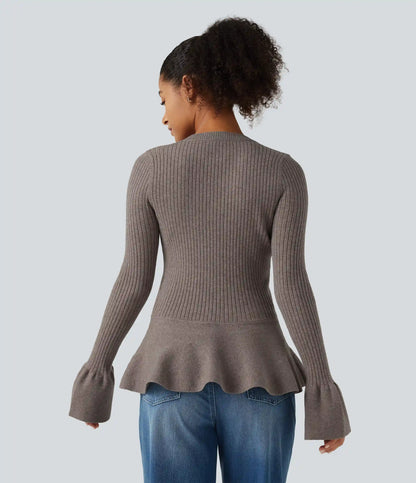 Round Neck Long Sleeve Ruffle Hem Slim Work Sweater