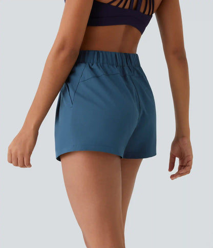 High Waisted Elastic Waistband Drawstring Pleated Yoga Shorts 3" with Pockets