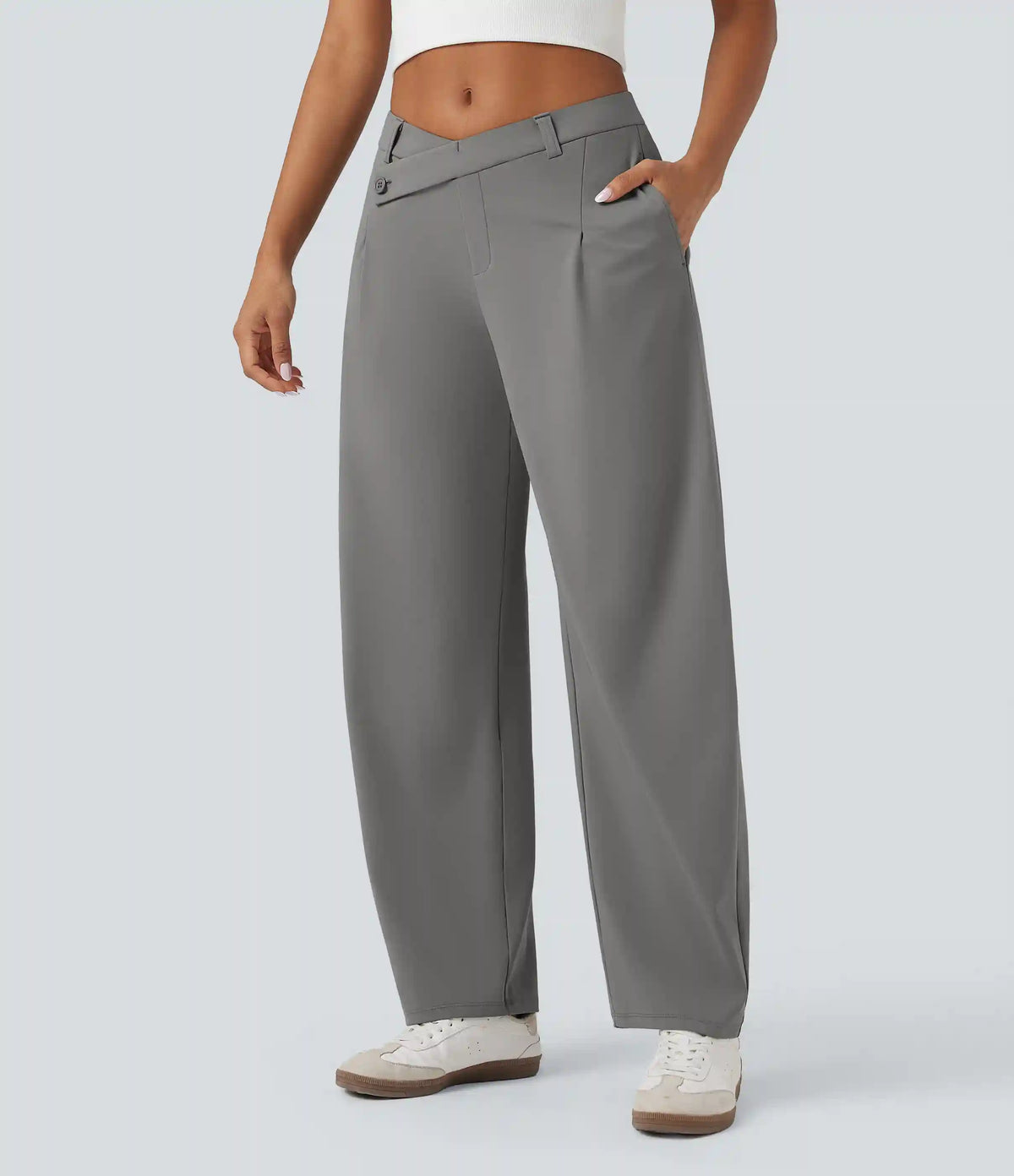 Halara Flex™ DayStretch Asymmetric Mid Rise Barrel Leg Work Pants with Pockets