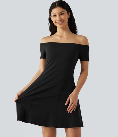 SoftlyZero™ Plush Off Shoulder Short Sleeve Built-in Bra Mini Casual Dress B-DD Cups