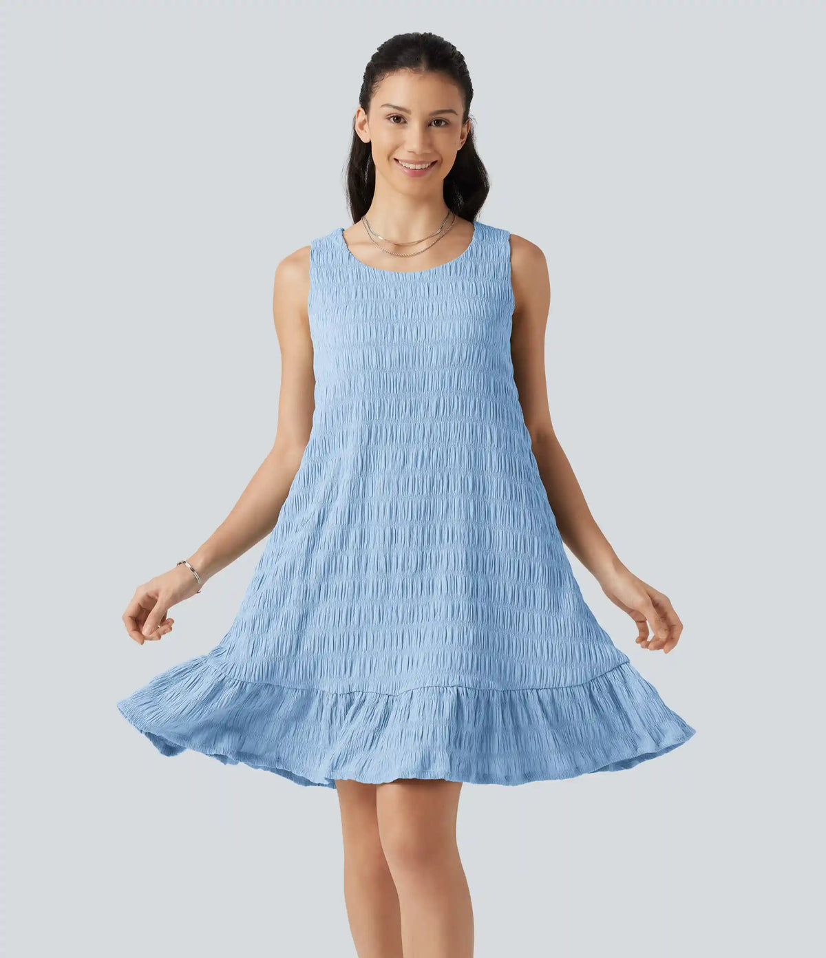 Round Neck Built-in Bra Sleeveless Ruffle Hem Mini Casual Dress DD-F Cups