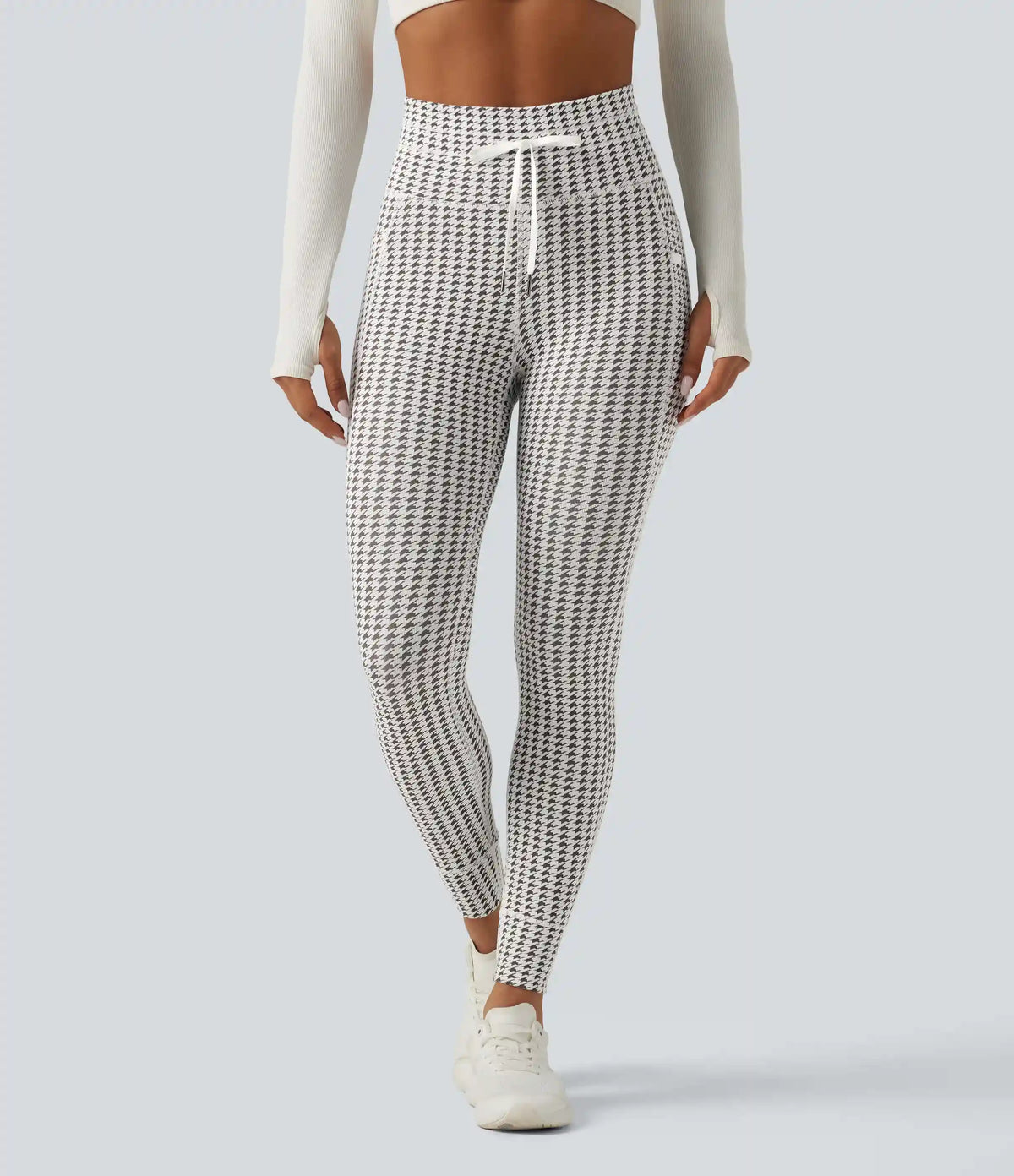 High Waisted Drawstring Houndstooth Yoga Leggings with Pockets