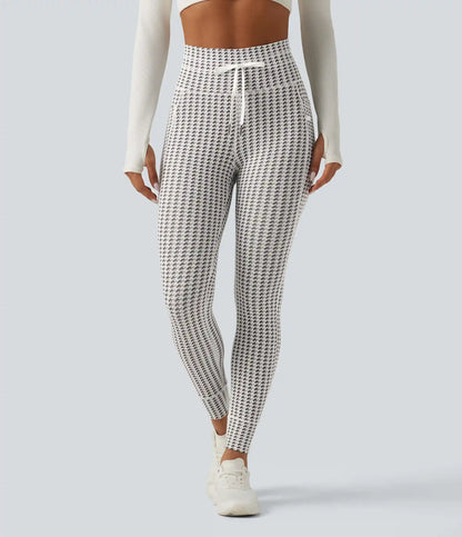 High Waisted Drawstring Houndstooth Yoga Leggings with Pockets