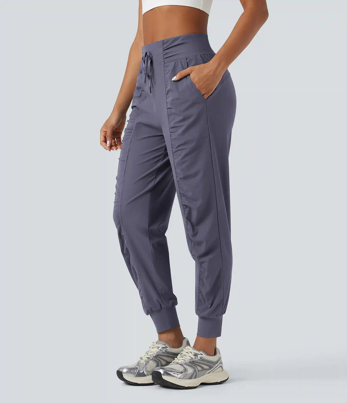 High Waisted Drawstring Ruched Tapered Quick Dry Cool Touch Dance Joggers with Pockets-UPF40+