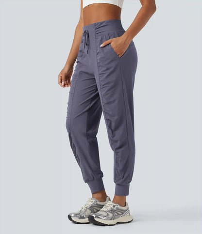 High Waisted Drawstring Ruched Tapered Quick Dry Cool Touch Dance Joggers with Pockets-UPF40+