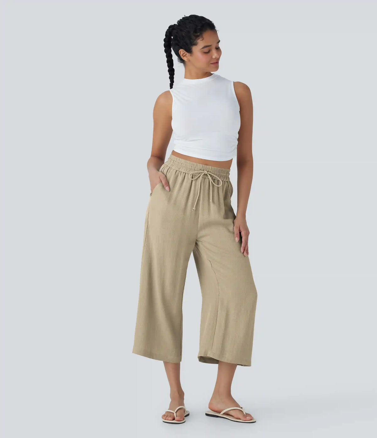 High Waisted Drawstring Wide Leg Cropped Casual Linen-Feel Pants with Pockets