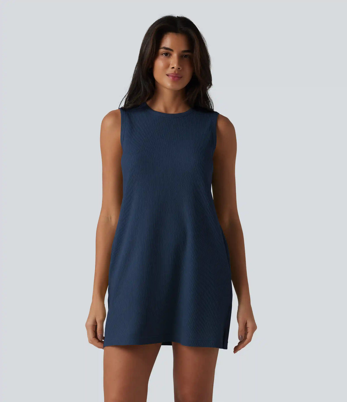 Round Neck Sleeveless Waffle Mini Cotton Dress with Pockets