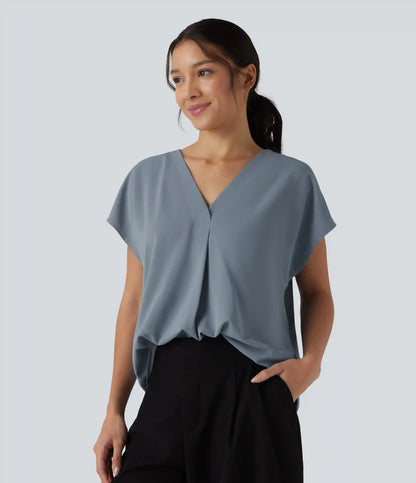 Wrinkle Recovery V-neck Short Sleeve Oversized Work Blouse