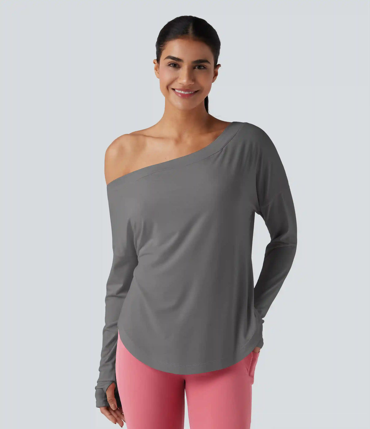 One Shoulder Long Sleeve Thumb Hole Curved Hem High Low Quick Dry Yoga Sports Top-Built-in Bra