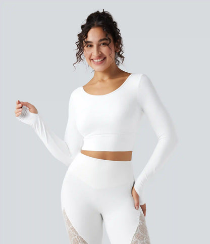 SoftlyZero™ Push-Up Long Sleeve Thumb Hole Contrast Lace Cropped Yoga Sports Top