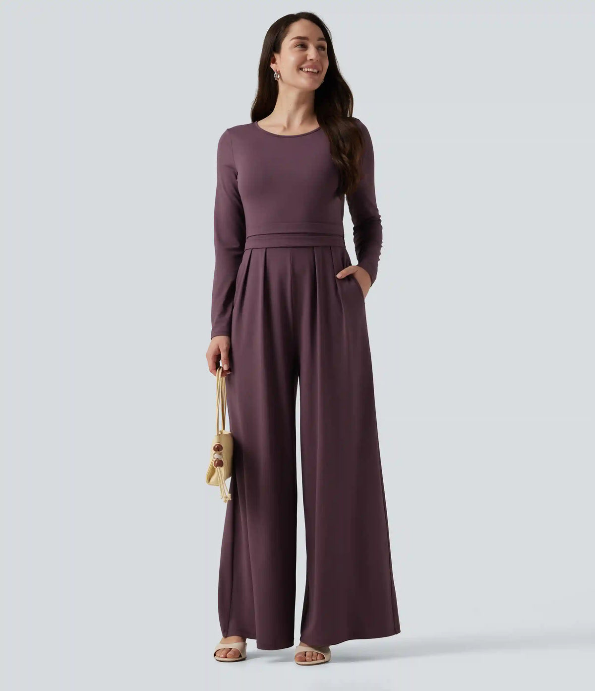 Round Neck Long Sleeve Wide Leg Casual Jumpsuit with Pockets-Easy Peezy Edition