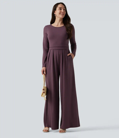 Round Neck Long Sleeve Wide Leg Casual Jumpsuit with Pockets-Easy Peezy Edition