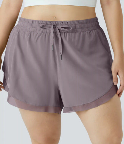 Drawstring Contrast Mesh 2-in-1 Plus Size Shorts 4"