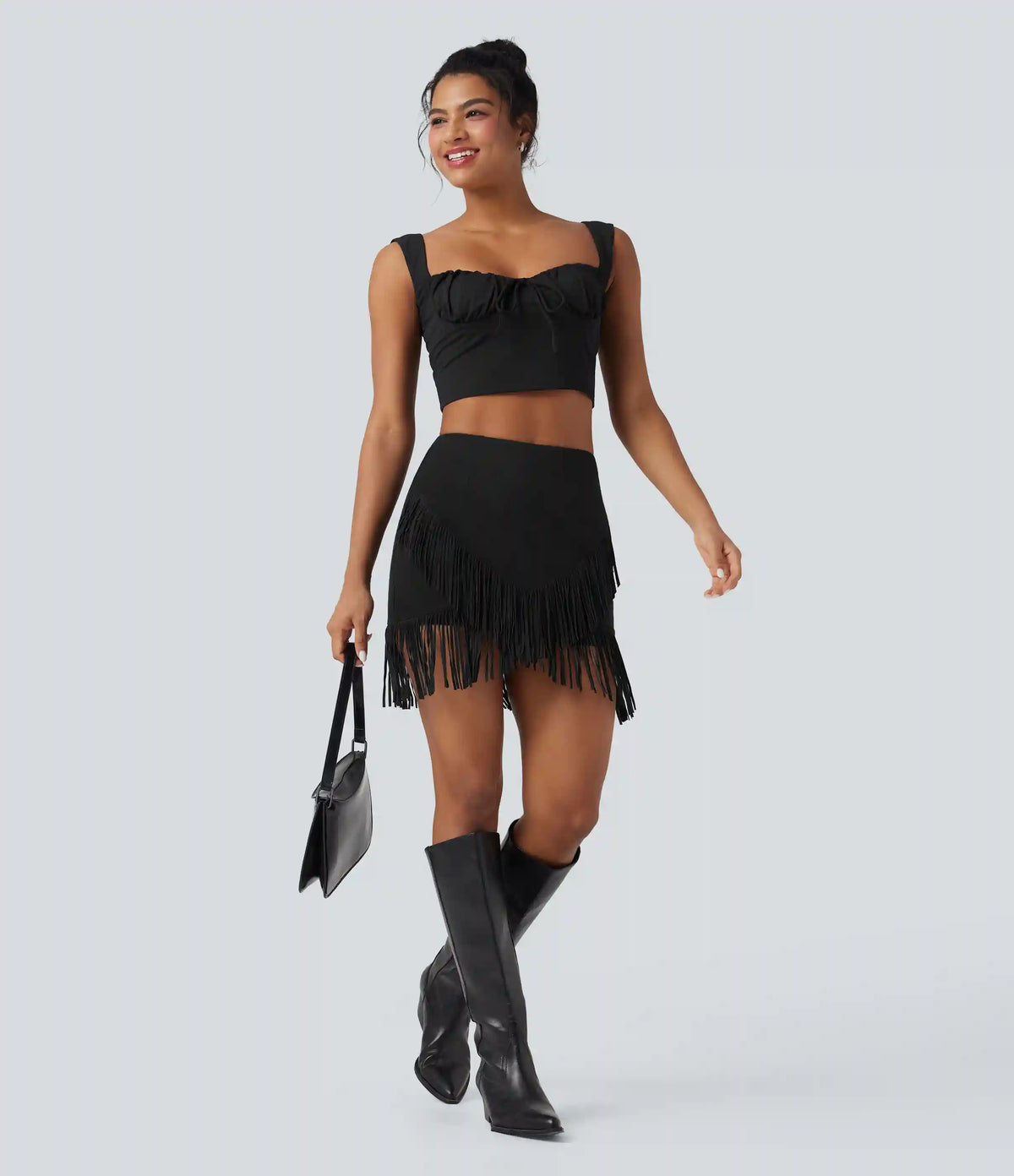 High Waisted 2-in-1 Fringe Hem Bodycon Mini Suede Casual Skirt