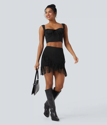 High Waisted 2-in-1 Fringe Hem Bodycon Mini Suede Casual Skirt