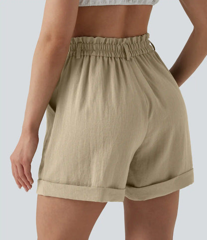 High Waisted Rolled Hem Linen-Feel Resort Shorts 5'' with Pockets