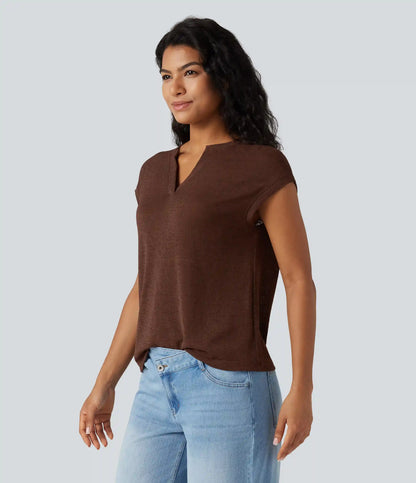 Semi Sheer Notched Short Sleeve Casual T-Shirt