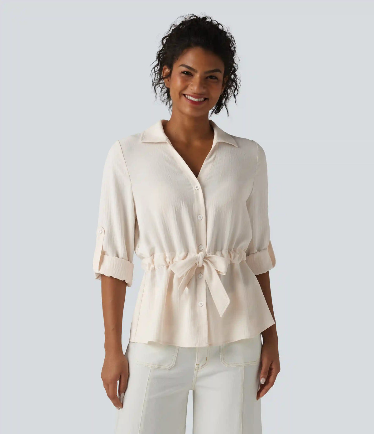Lapel Roll Up Sleeve Tie Work Linen-Feel Shirt