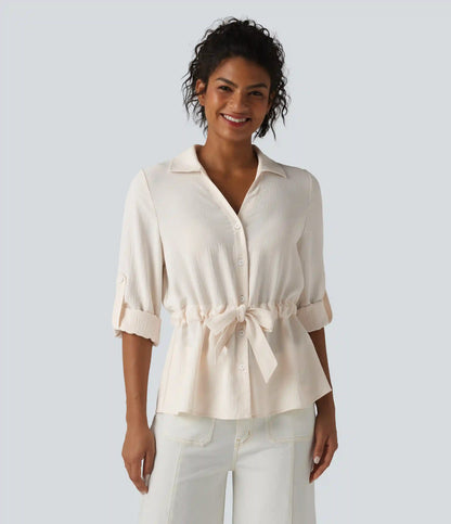 Lapel Roll Up Sleeve Tie Work Linen-Feel Shirt