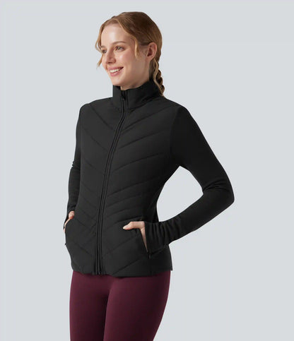 PuffFlex Stand Collar Zipper Long Sleeve Running Quilted Jacket with Pockets